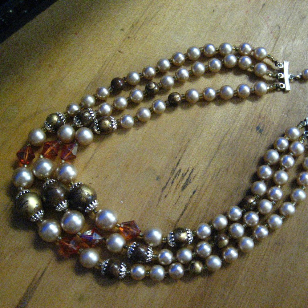 Mid Century 1950's Three Strand Bead Necklace